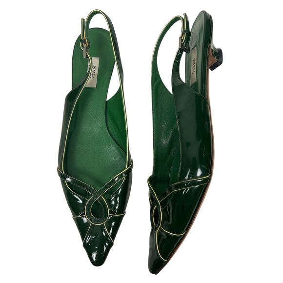 Prada Y2K Emerald Green Pointed Toe Kitten Heel Sling Back Heels 7.5 - Picture 1 of 7